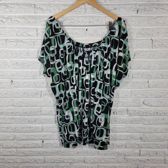 Worthington Womens Top 2X Plus Tunic Dolman Sleeve Green Geometric GEO170E - Picture 1 of 9
